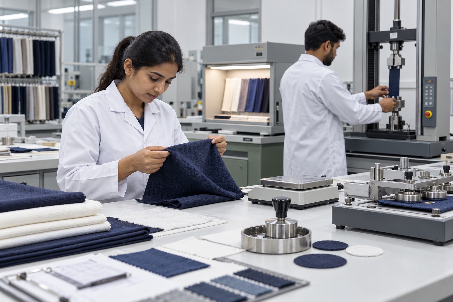 Textile laboratory technicians inspecting fabric and operating quality-control testing equipment